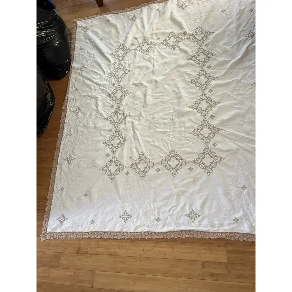 Vintage White Embroidered Cross Stitch 100% Linen Tablecloth 76x64 - Read Flawed